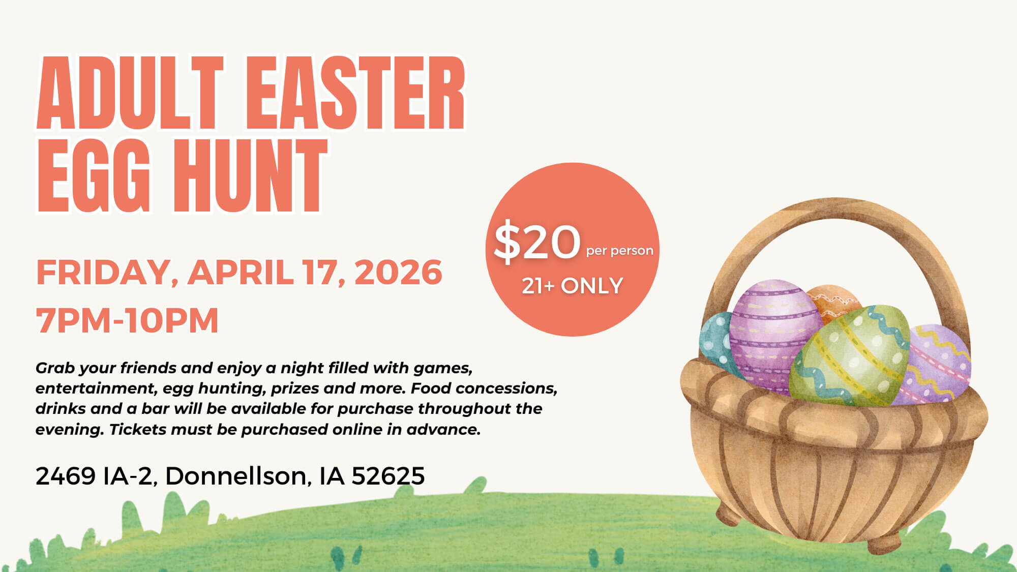 Appleberry Orchard's Adult Easter Egg Hunt Event featuring entertainment, concessions, prizes, and more!